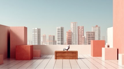 Rooftop Pigeon, Cityscape, Minimalist,  Peaceful Scene