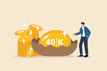Retirement 401K investment, tax defer mutual fund for salary man financial success concept, happy young businessman investor stand with wealthy golden egg with word 401K and dollar money coin stack.