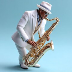 Saxophonist figurine plays; blue background