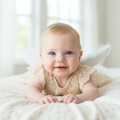 Photo of Baby Girl Lying on Bed with Angel Wings