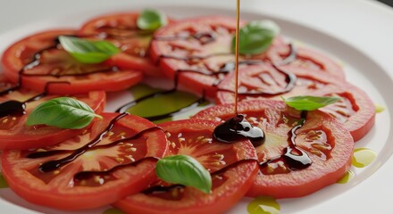 Photo of Balsamic Glaze Drizzled Over Tomato and Basil Salad