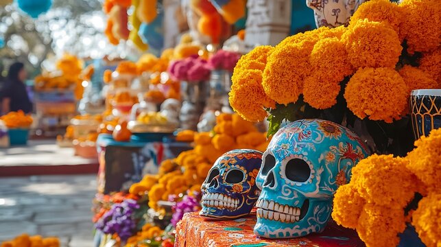 Colorful decorative skulls and marigold flowers.