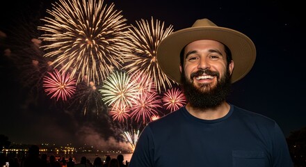 Photo of Bearded Man Smiling with Fireworks Display