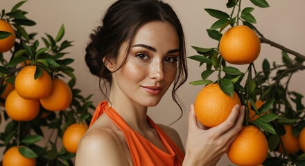 Photo of Beautiful Woman with Freckles in Orange Dress with Orange Tree