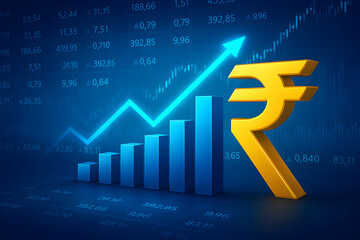 Indian rupee 3d symbol with blue growth graph.