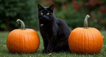 Photo of Black Cat Sitting Majestically Between Two Pumpkins on Green Grass
