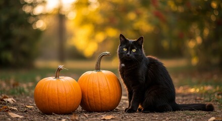 Photo of Black Cat with Pumpkins in Autumn Setting