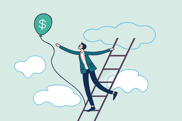 Ladder of success, achieving financial goals or investor searching for profit and investment return concept, success businessman climb up the ladder up to cloud to catching balloon with dollar money.