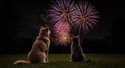 Photo of Dog and Cat Watching Fireworks Display