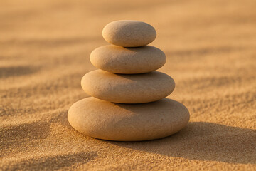 A stack of four smooth stones balanced on a sandy surface with rippled texture in warm light