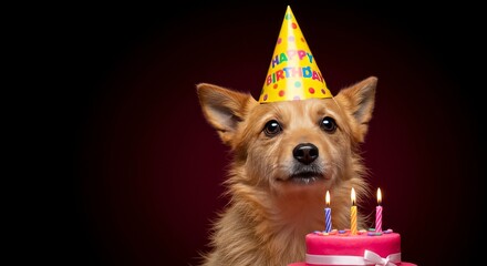 Photo of Dog with Birthday Hat and Cake