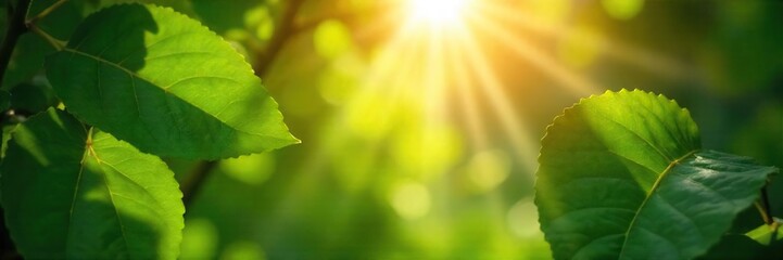 Obraz premium Sunbeams filtering through lush green leaves, illuminating a vibrant natural scene powered by solar energy Perfect for eco-friendly, renewable energy, and nature themes , foliage, growth, nature