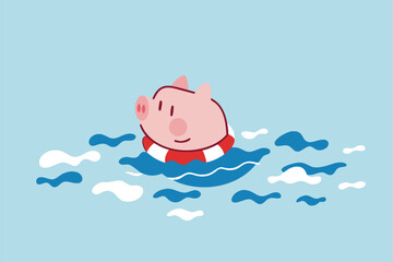 Business insurance, government helping policy in financial crisis or safety for personal savings in Coronavirus crash COVID-19 pandemic concept, hopeless pink piggy bank floating on lifebuoy in ocean.
