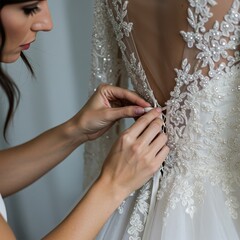 Photo of Bride Getting Ready with Lace Wedding Dress