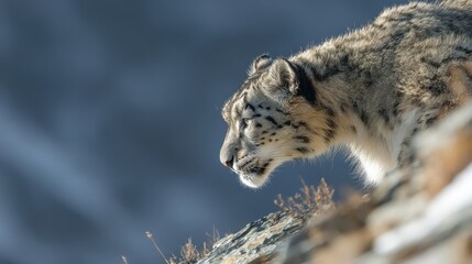 Snow leopard, mountain peak, winter, profile, hunting, Himalayas, wildlife, nature