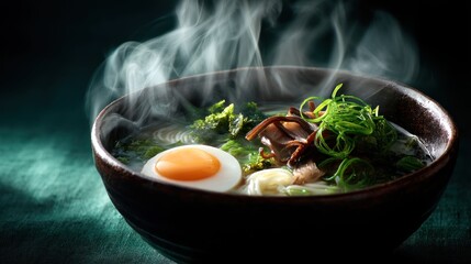 Steaming ramen bowl, dark background, food photography