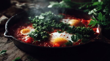 Steaming Shakshuka in Cast Iron Pan, Rustic Kitchen