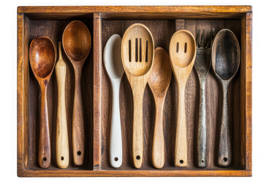 Wooden spoons fork utensils kitchenware culinary cooking tools serving rustic vintage tray isolated on transparent background