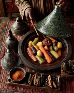Top-down view of a Moroccan tagine served on a traditional table surrounded by colorful spices and intricate ceramic dishes, capturing rich cultural flavors.