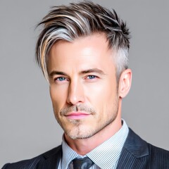 Stylish man, gray background, studio portrait, headshot