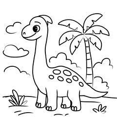 dinosaur with an egg against a landscape background. Black and white line drawing. Isolated on a white background. For children's design of coloring books, prints, posters, cards, stickers,