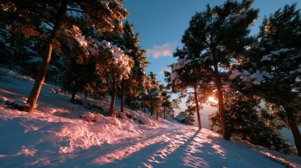 Sunset snow path, pine forest, winter landscape, postcard