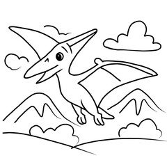 Obraz premium dinosaur with an egg against a landscape background. Black and white line drawing. Isolated on a white background. For children's design of coloring books, prints, posters, cards, stickers,