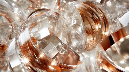 Rose gold and clear glass perfume bottles in a chaotic arrangement