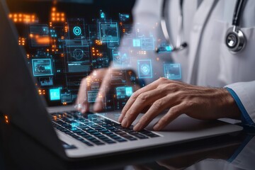Medical professional using a laptop with holographic digital medical data and health analytics visualizations floating above the keyboard indicating advanced healthcare technology and data analysis