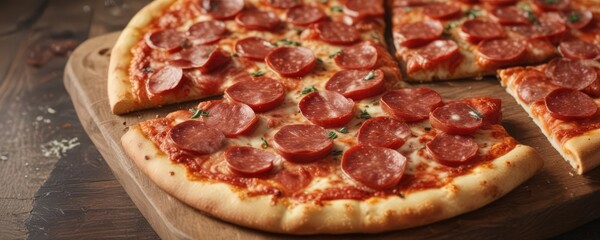Savory pepperoni pizza slices on rustic wooden board, wooden texture, meal