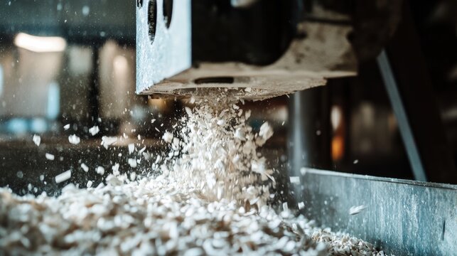 Innovative recycling facility with clean industrial lighting transforming waste into new materials using an advanced recovery system, ideal for circular production and sustainability visuals