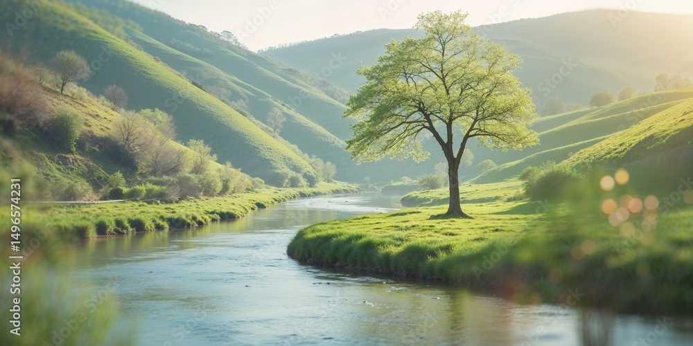 Poster sunlight filters through green hills over tranquil river with a lone tree in the foreground in sprin
