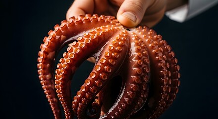 Cooked Octopus, Held by Hand, Dark Background - Seafood, Culinary, Gourmet Dish.