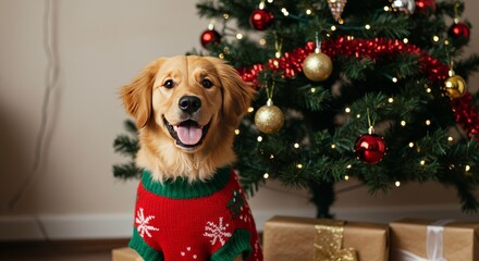 Photo of Golden Retriever in Christmas Sweater by Decorated Tree