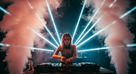 Photo of Female DJ Performing at Nightclub with Laser Lights and Smoke