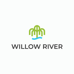 Weeping Willow or Birch tree with leaves beside river flow. Simple style nature plants design. Corporate and business graphic logo template. 