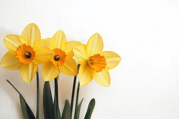 Naklejka premium Close-up of three bright yellow daffodil flowers with orange centers and green stems against a white background