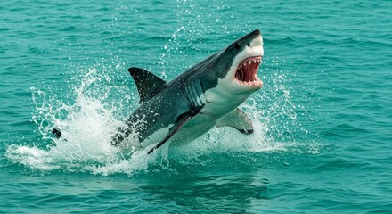 Fototapeta premium Photo of Great White Shark Breaching in Blue Ocean