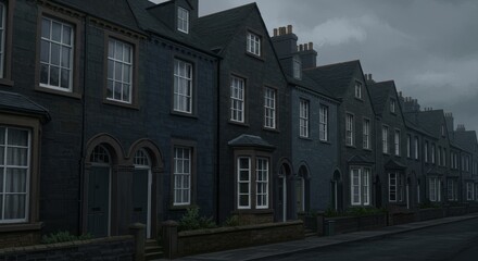 Fototapeta premium Photo of Dark Grey Row Houses on a Rainy Day