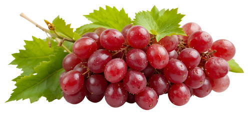 Obraz premium Red seedless grapes with natural-looking green leaves, isolated on bright white, high-definition macro detail, ideal for packaging or ads.