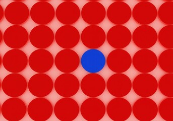 A single blue circle surrounded by a grid of many red circles background