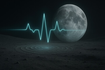 Closeup of a full, high-detail Moon and a single, glowing cyan ECG line on a charcoal-gray lunar plain - Generative AI