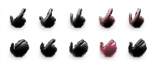 Set of pixelated hand cursor icons in black and red showing different pointing and clicking gestures on white background