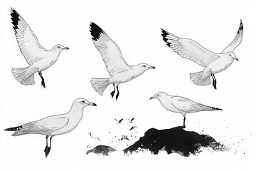 Fototapeta premium Illustration of five seagulls in various flying and standing positions around a rocky area with small flying birds in the background