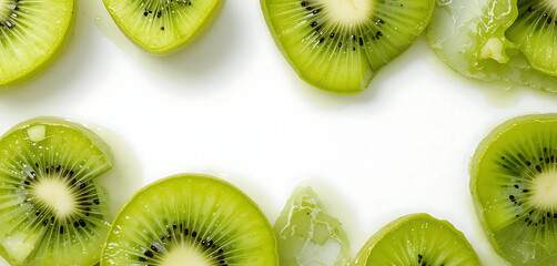Fototapeta premium Freshly sliced kiwi with vivid green flesh displayed on a bright white background, high contrast.
