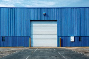 Fototapeta premium Blue industrial building with closed white garage door and empty asphalt parking area under clear sky