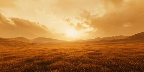 Fototapeta premium Golden hour at the vast expanse of grassland with distant mountain range
