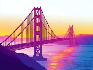 Obraz premium vibrant colorful depiction of a large suspension bridge spanning a body of water during sunset with glowing reflections and surrounding hills