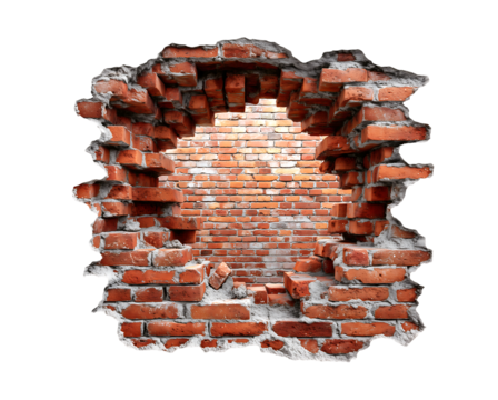 hole in the wall made of red bricks, isolated on a transparent background with a clipping path.