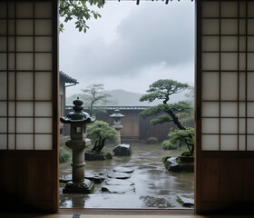 Traditional bamboo house balcony made of wood and bamboo weaving, perched on a mountain slope at night.